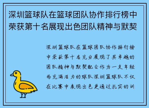 深圳篮球队在篮球团队协作排行榜中荣获第十名展现出色团队精神与默契配合