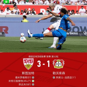 斯图加特3-1逆转药厂升至联赛第四，德米罗维奇、昂达夫破门